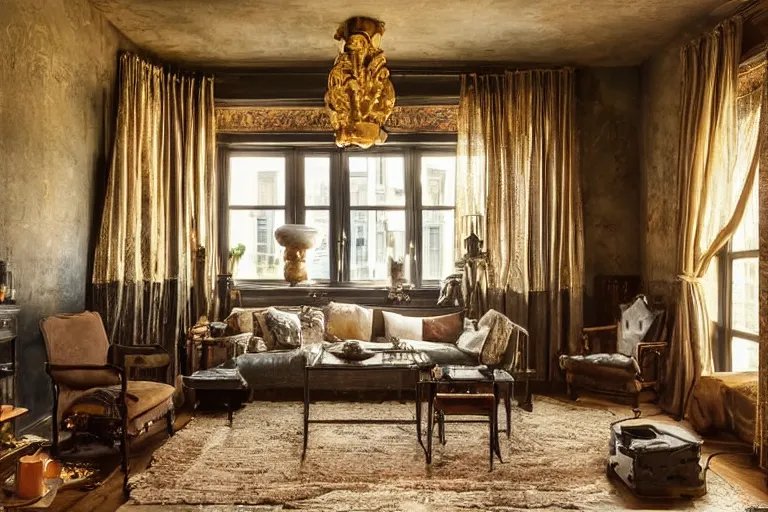 Prompt: sunset in a tastefully decorated living room with dark luxurious furnishings, and a mix of antique and modern furniture, and a mix of concrete and wood finishes, soft focus cinematic still, dark dreamy golden dappled light by rembrandt