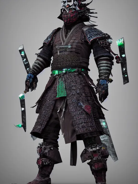 Prompt: full body front view portrait of, cyberpunk druidic ninja samurai, character design, correct anatomy, made in blender, octane render, ray tracing, ultra detailed, fantasy, intricate and highly detailed, with lots of colour, pose, sharp focus,