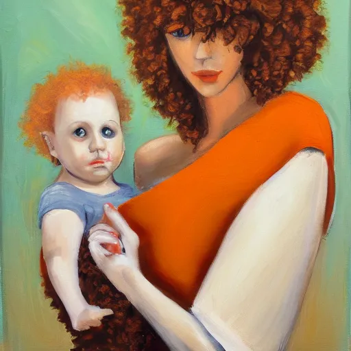 Image similar to an abstract painting of a beautiful pale woman with orange hair holding both a curly headed baby boy and also a brown poodle