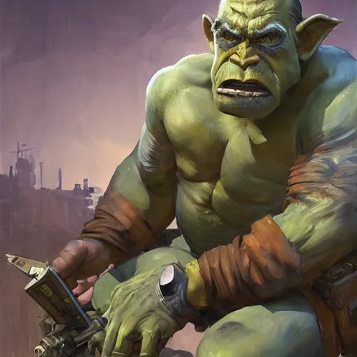 Prompt: greg manchess digital painting of a ruggedly handsome old dieselpunk orc an overwatch character with olive green skin sitting at a desk, organic painting, matte painting, bold shapes, hard edges, street art, trending on artstation, by huang guangjian and gil elvgren and sachin teng