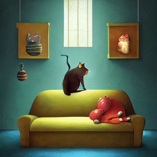 Image similar to cat sitting on sofa, children book illustration by gediminas pranckevicius
