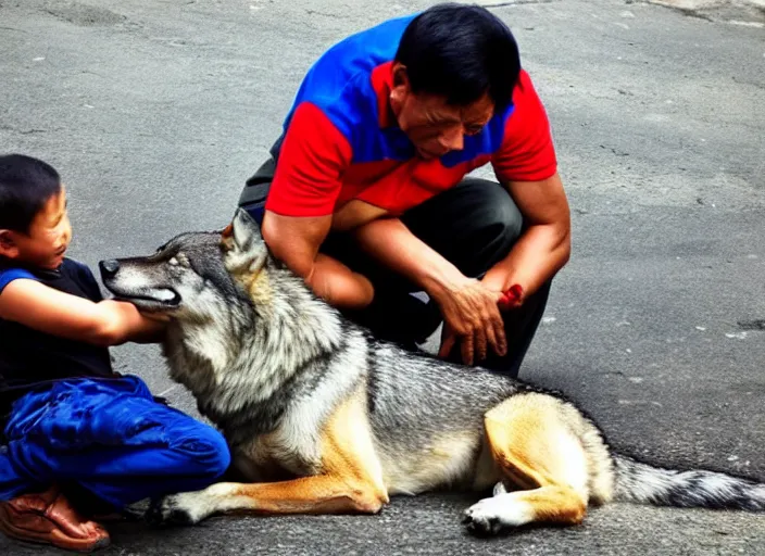 Prompt: duterte petting a wolf, realistic photograph, award winning photograph, cinematic, 4 k
