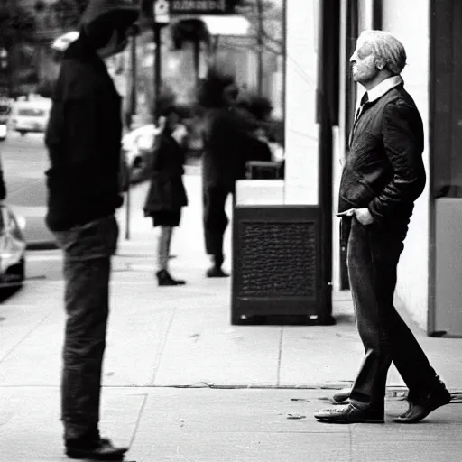 Image similar to candid portrait photograph of a man staring at a computer outside a restaurant, his friends are angry, taken by annie leibovitz,