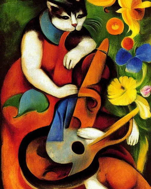 Prompt: baroque portrait of a anthropomorphic cat playing a lute, garden with flowers, digital art, award winning, cubism, by franz marc