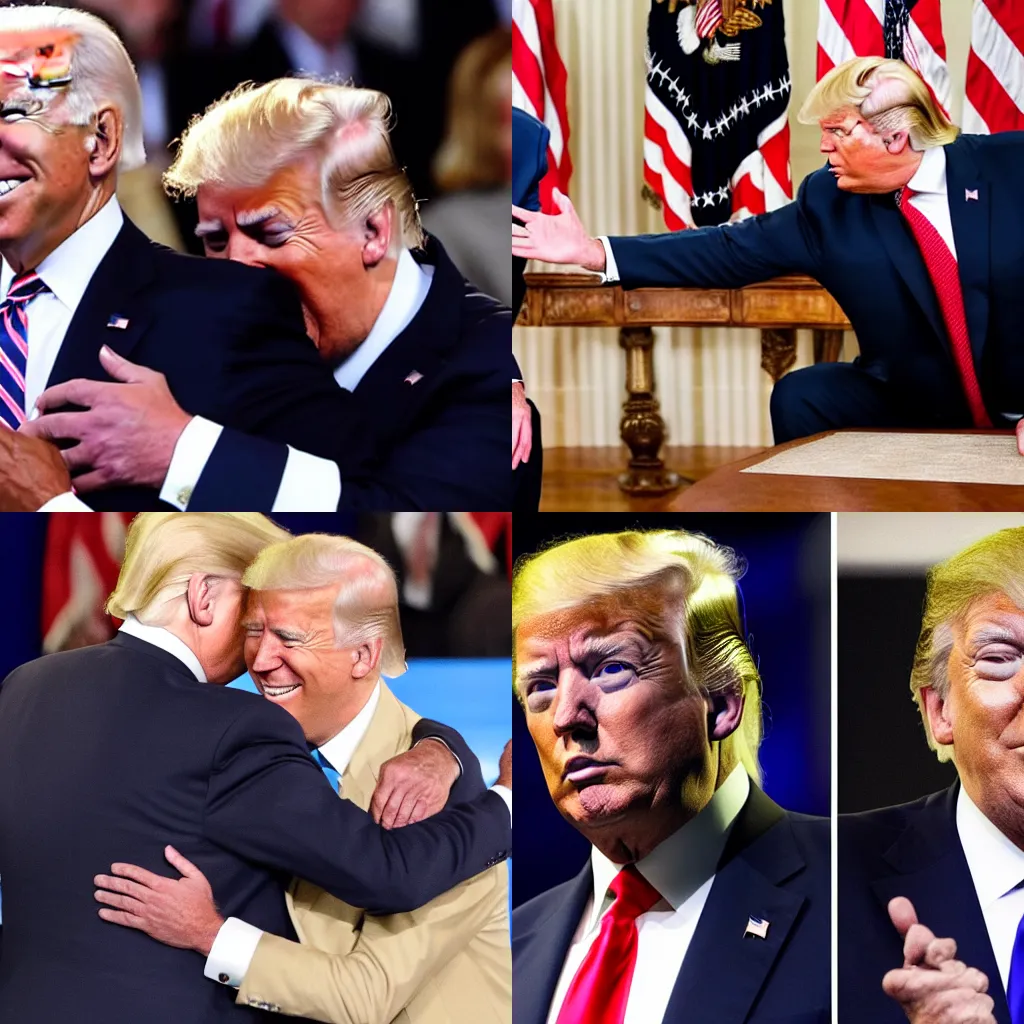 Prompt: joe biden and donald trump hugging each other