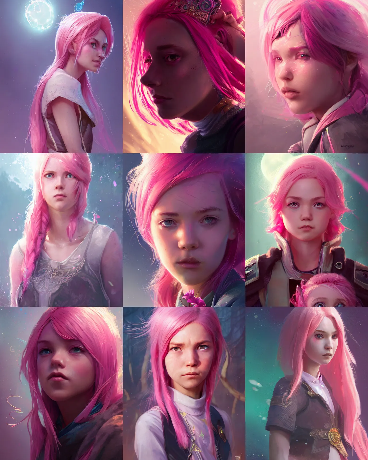 Prompt: portrait of an innocent lost girl with pink hair, magic uniform, fantasy building, intricate, sharp focus, lens flare, bloom, rim light, illustration, highly detailed, digital painting, concept art, matte, art by maciej kuciara