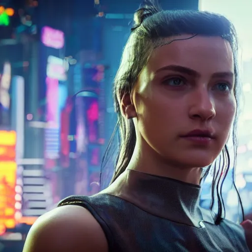 Image similar to a younger terri alden in cyberpunk 2 0 7 7, unreal engine 5 4 k, hyperdetailed photorealism