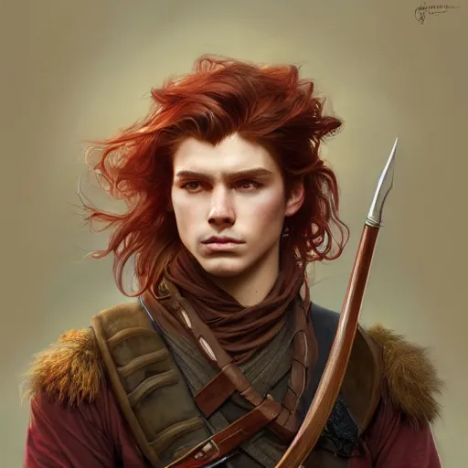 Prompt: portrait of a young curious ranger, male, masculine, upper body, red hair, long hair, soft hair, D&D, fantasy, intricate, elegant, highly detailed, digital painting, artstation, concept art, matte, sharp focus, illustration, art by Artgerm and Greg Rutkowski and Alphonse Mucha
