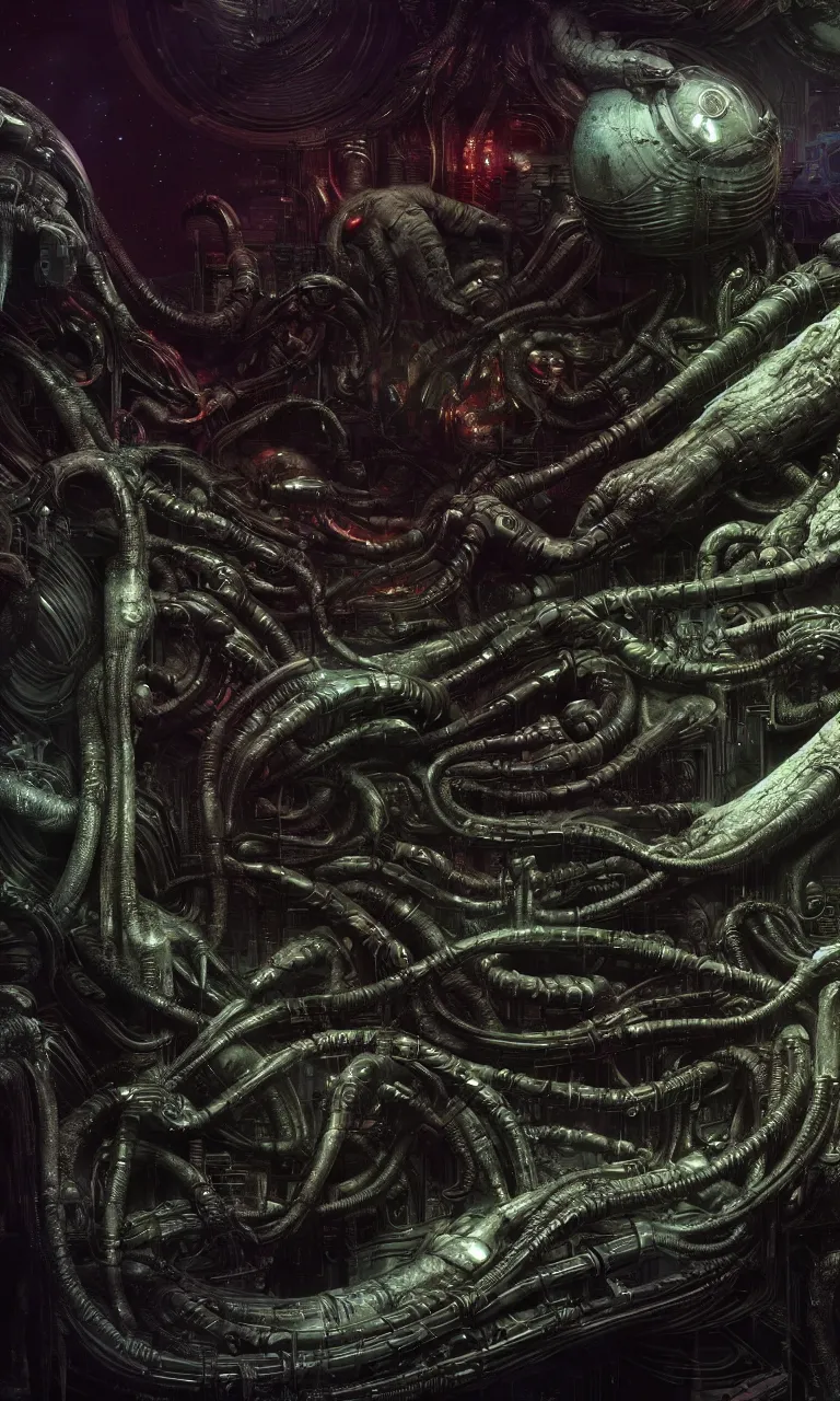 Image similar to Prometheus biological sci-fi environment set close-up, ship control panel close-up, in a nightmarish universe of odd forms and somber tapestry, HR Giger and Vincent Di Fate, vivid color scheme, featured in artstation, octane render, cinematic, elegant, intricate, 8k