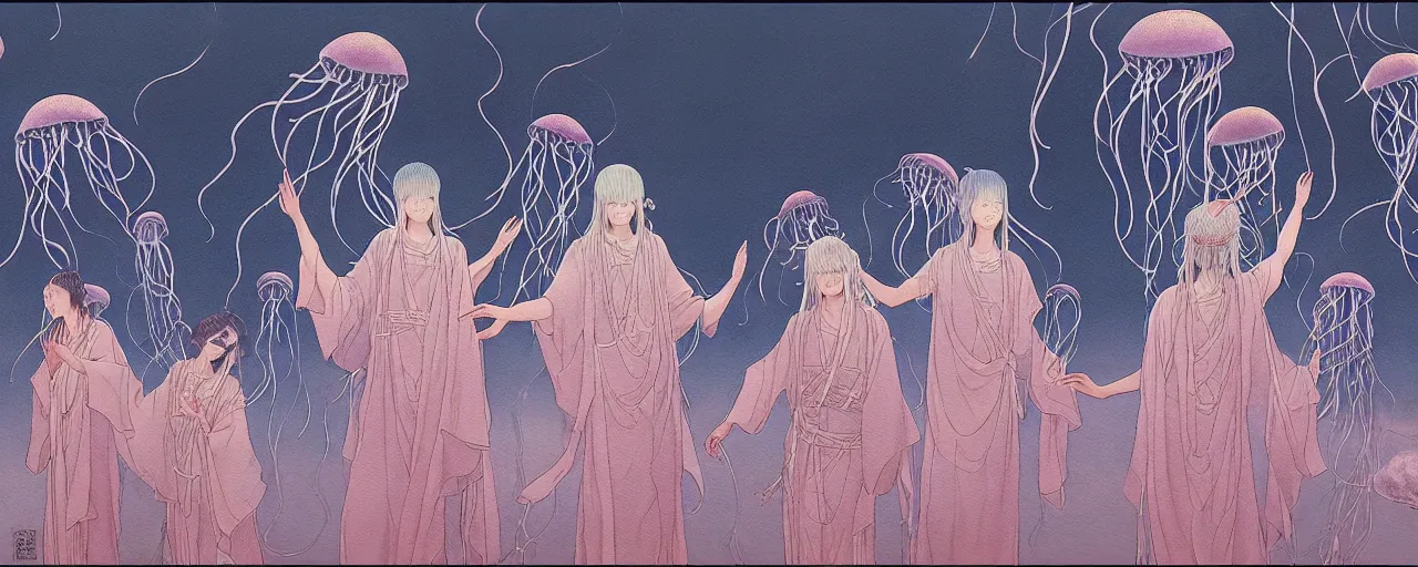 Prompt: A painting of priestesses worshipping at the jellyfish temple, shrouded in mist, jellyfish god, 8K, illustration, by by Takato Yamamoto and Makoto Shinkai, smoke, cinematic, insanely detailed and intricate, hypermaximalist, elegant, super detailed, award-winning, mauve and cyan, mysterious, ancient, ritual, ethereal, trending in cgsociety, artstation HQ, ornate, elite, haunting, matte painting