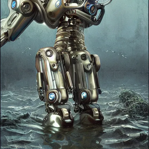 Image similar to a photograph of a robot endoskeleton augmented with a humanoid nervous system submerged and rusted in the water, cinematic, volumetric lighting, f 8 aperture, cinematic eastman 5 3 8 4 film, photorealistic by greg rutkowski, by stanley artgerm, by alphonse mucha