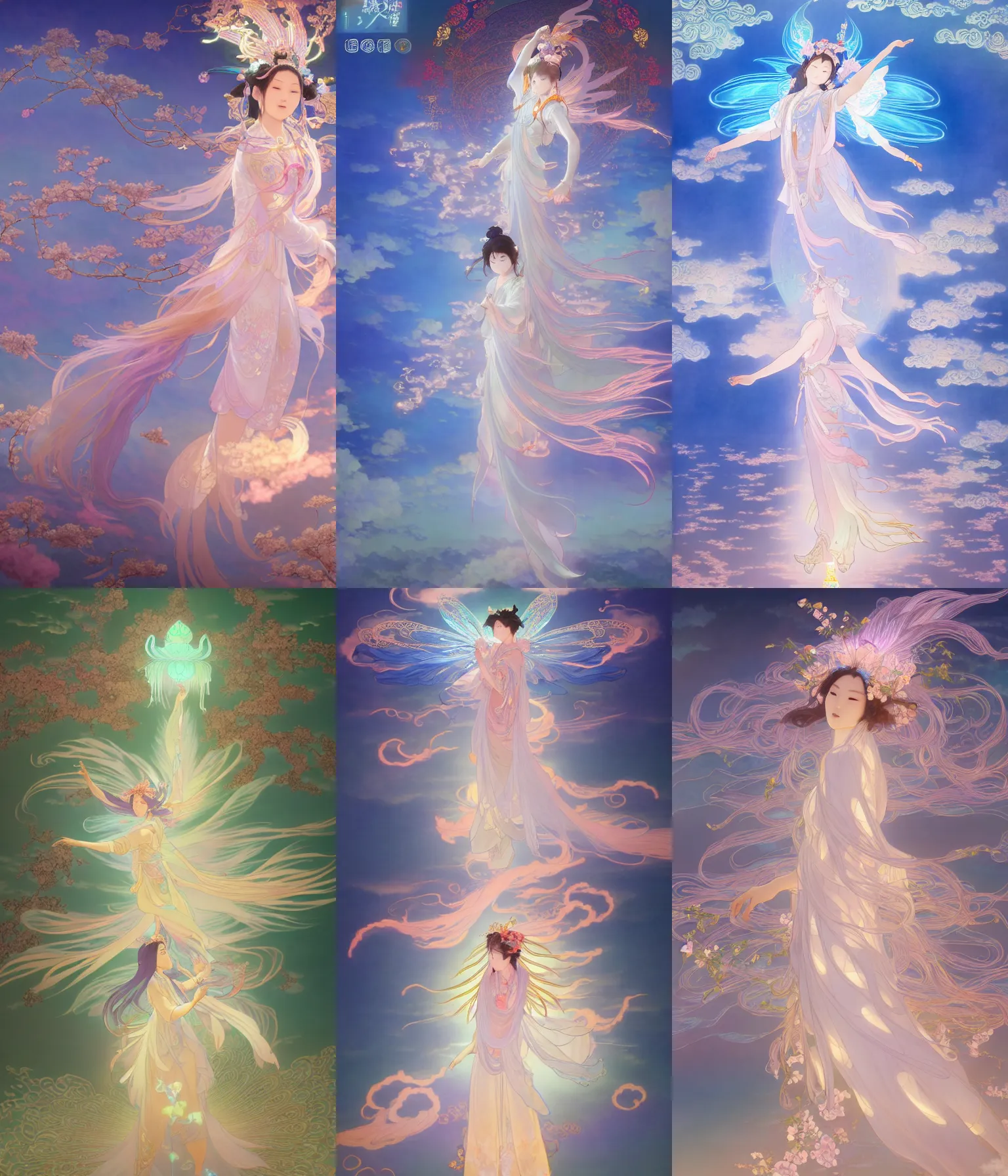 Prompt: glowing cloud, chinese taoist fairy goddess. hyper detailed, character concept, full body, dynamic pose, intricate, lineart, cerpuscular rays, lily flowers. by yoshitaka amano, alfons mucha and makoto shinkai. 8 k