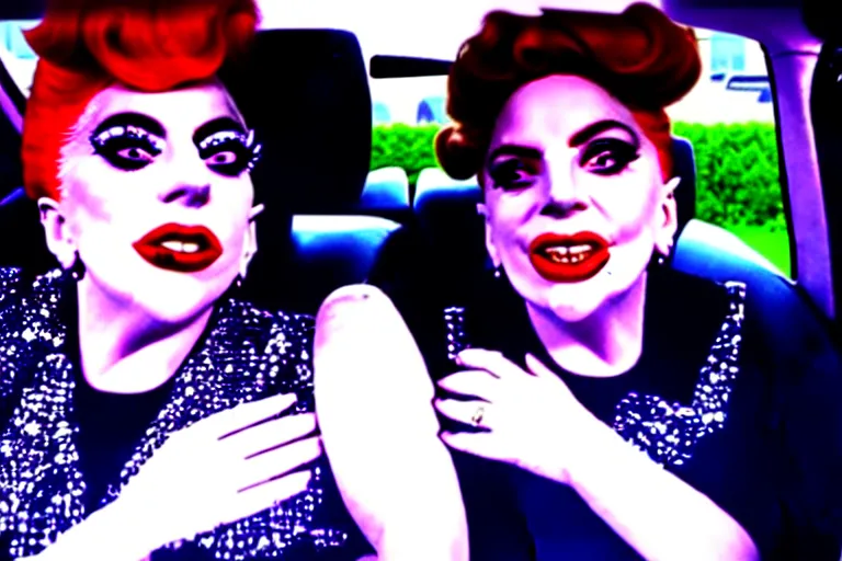 Image similar to lady gaga and judy garland doing carpool karaoke, lady gaga and judy garland, carpool karaoke, lady gaga, judy garland, carpool karaoke, youtube video screenshot, the late late show with james corden