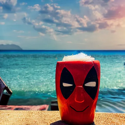 Image similar to a closeup photorealistic photograph of a deadpool style tiki mug sitting at a trader vic's beach bar featuring the face of deadpool. tiki party. bright scene. fine detail. this 4 k hd image is trending on artstation, featured on behance, well - rendered, extra crisp, features intricate detail, epic composition and the style of unreal engine.