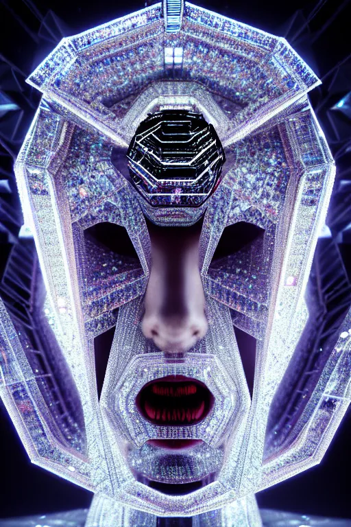 Image similar to hyperrealism, dreamland of chinese, halfturn portrait of a big crystal face made of crystals half - turn, ominous, slender and densely arranged teeth, futuristic, art deco, expressive, dystopian, cyberpunk, mecha, sss material, ominous, intricate, oc rendered, concept art, photorealistic, unreal engine render