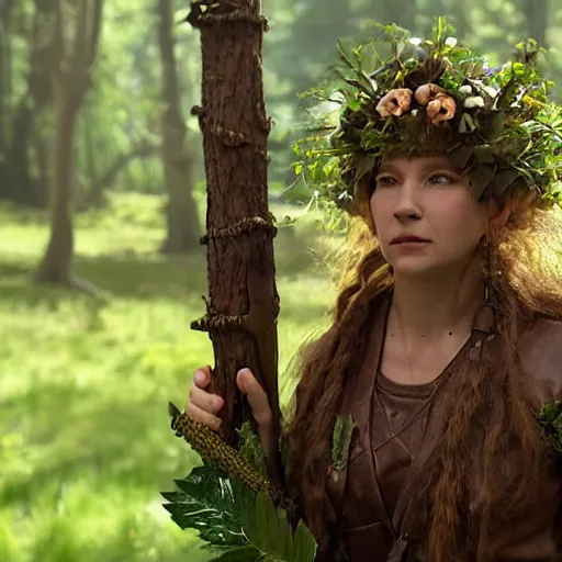 Image similar to deep gnome druid with leather clothing and leaves and sticks in her hair, photo from the movie midsommar