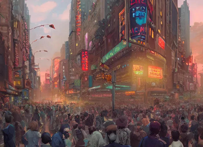 Image similar to chaos in the street of new york, unreal engine, fantasy art by greg, loish, rhads, ferdinand knab, tom bagshaw, makoto shinkai and lois van baarle, rossdraws, ilya kuvshinov, night lighting, trending on studio ghibli, highly detailed, 8 k, octane render