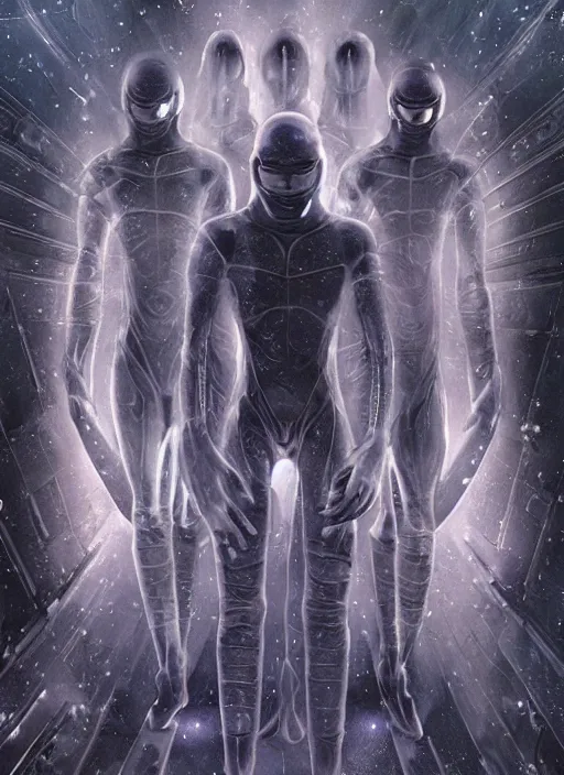 Image similar to astronauts in dark void underwater - complex and hyperdetailed technical suit. reflection and dispersion materials. rays and dispersion of light. volumetric light. f / 3 2. noise film photo. flash photography. ultra realistic, wide angle. poster by wayne barlowe, hajime sorayama aaron horkey, craig mullins