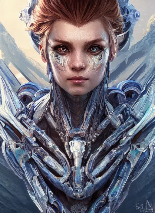 Image similar to symmetry!! portrait of alien made of ice in the style of horizon zero dawn, machine face, intricate, elegant, highly detailed, digital painting, artstation, concept art, smooth, sharp focus, illustration, art by artgerm and greg rutkowski and alphonse mucha, 8 k