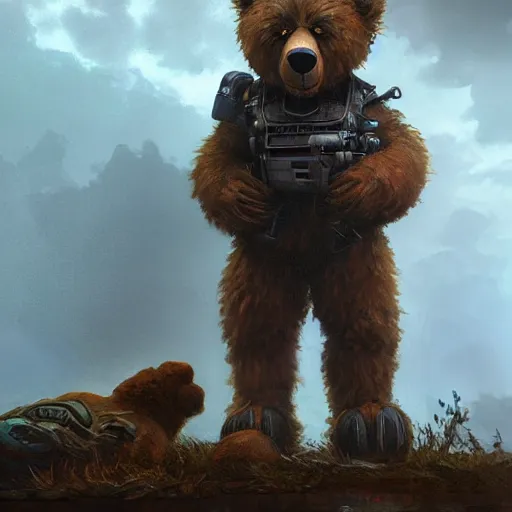 Image similar to mean fluffy teddybear protecting girl, dystopian, sci-fi, extremely detailed, digital painting, sculpted in zbrush, artstation, concept art, smooth, sharp focus, illustration, chiaroscuro lighting, golden ratio, incredible art by artgerm and greg rutkowski and alphonse mucha and simon stalenhag