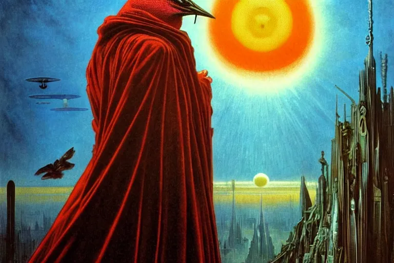 Image similar to realistic detailed portrait movie shot of a birdman wearing a dark robes, sci fi city landscape background by denis villeneuve, amano, yves tanguy, alphonse mucha, ernst haeckel, max ernst, roger dean, masterpiece, rich moody colours, dog teeth, blue eyes, sunset