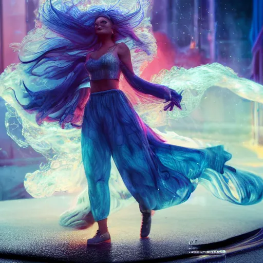Prompt: arthouse film octane render by geoff johns and joe jusko and thomas kinkade and weta digital, a woman wrapped in a cloud of colorful smoke, walking across a reflective pool of silver liquid at sunset, cinema 4 d, 4 k, volumetric lighting, ray traced lighting, houdini render, ultra - detailed, trending on cgsociety