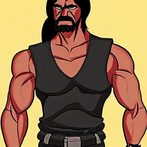Prompt: muscular man with a ponytail wearing a vest, black vest open with no shirt underneath, cargo pants, ammo belt, holding a blaster, long black hair in a ponytail, five o' clock shadow, comic book art, realistic art, chiseled jaw, gritty