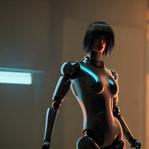 Image similar to Epic masterpiece of a female android robot, by ghost in the shell, full body shot, 8k, iridescant colors.