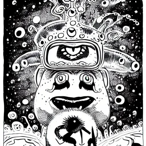 Image similar to black and white trippy comic art of a mutant pig wearing a gold crown fighting aliens, lots of particles, drawn by Martin Rowson, Tim Burton, Studio Ghibli, Alex Pardee, Nekro Petros Afshar, James McDermott, cgsociety 4K