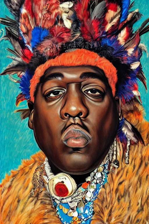 Image similar to a portrait of biggie smalls wearing boho - chic style clothes, with plumes, feathers and fur muffler, full body!!, realistic painting in egon schiele style, masterpiece, hyperdetailed, complex, intricate, 4 k, trending on artstation