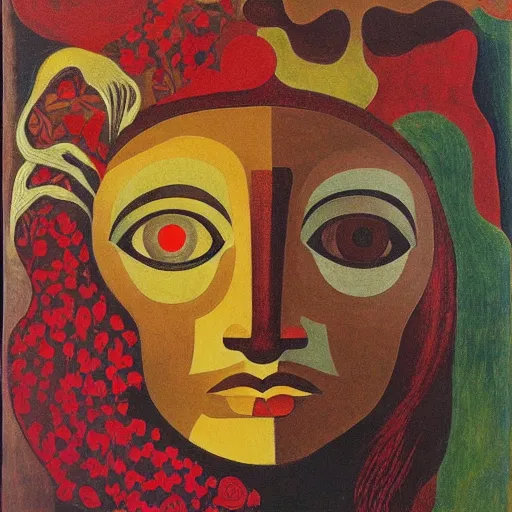 Image similar to floral face portrait by leonetto cappiello and wojciech siudmak and ernst fuchs, anni albers, oil on canvas