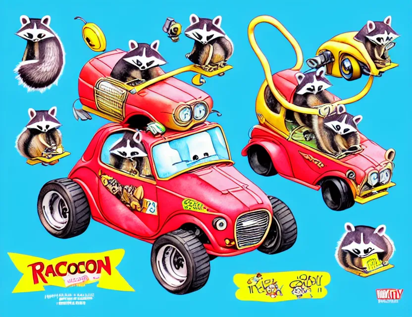 Image similar to cute and funny, racoon riding in a tiny hot rod with oversized engine, ratfink style by ed roth, centered award winning watercolor pen illustration, isometric illustration by chihiro iwasaki, edited by range murata, tiny details by artgerm and watercolor girl, symmetrically isometrically centered