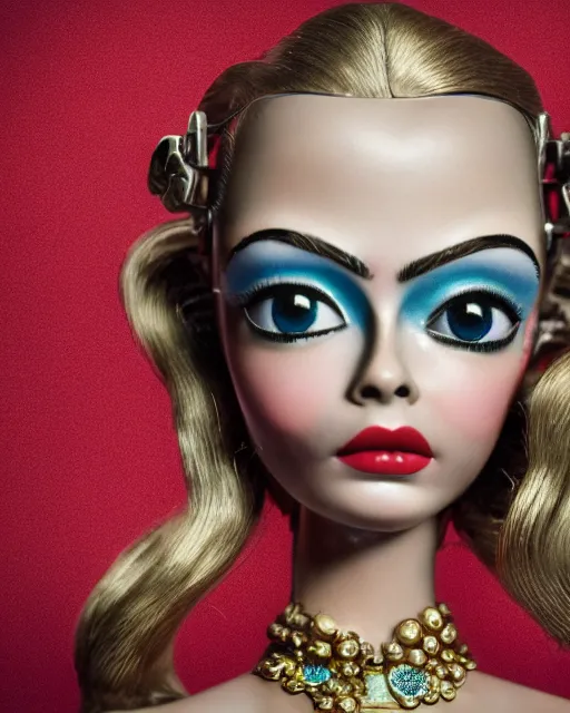 Image similar to closeup face profile portrait of a tin toy retro 1 9 5 0 s cara delevingne, bikini, depth of field, zeiss lens, fashion photoshoot by nicoletta ceccoli, mark ryden, lostfish, breathtaking, detailed and intricate environment, 8 k resolution, extremely detailed, beautiful, establishing shot, artistic, hyperrealistic, octane render