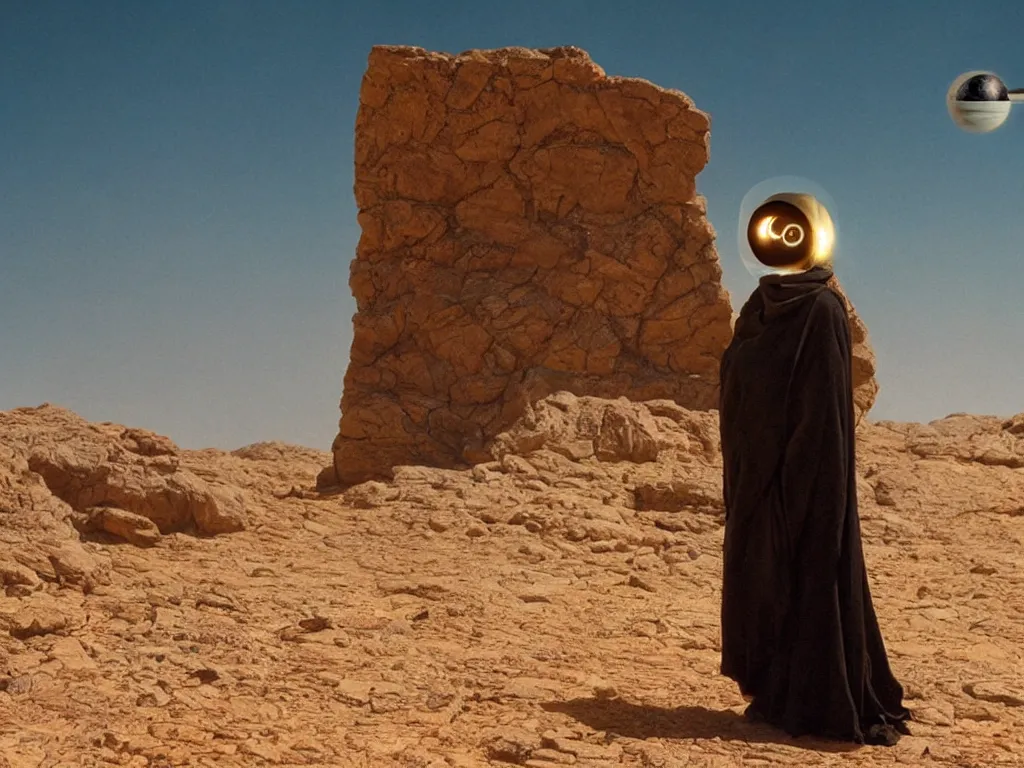 Image similar to levitating bene gesserit with full - face golden mask and glowing eyes in a dry rocky desert landscape, visible sky and sunny atmosphere, fata morgana giant mirrors, black hole in the sky by alejandro jodorowsky, anamorphic lens, kodakchrome, cinematic composition, practical effects, 8 k,