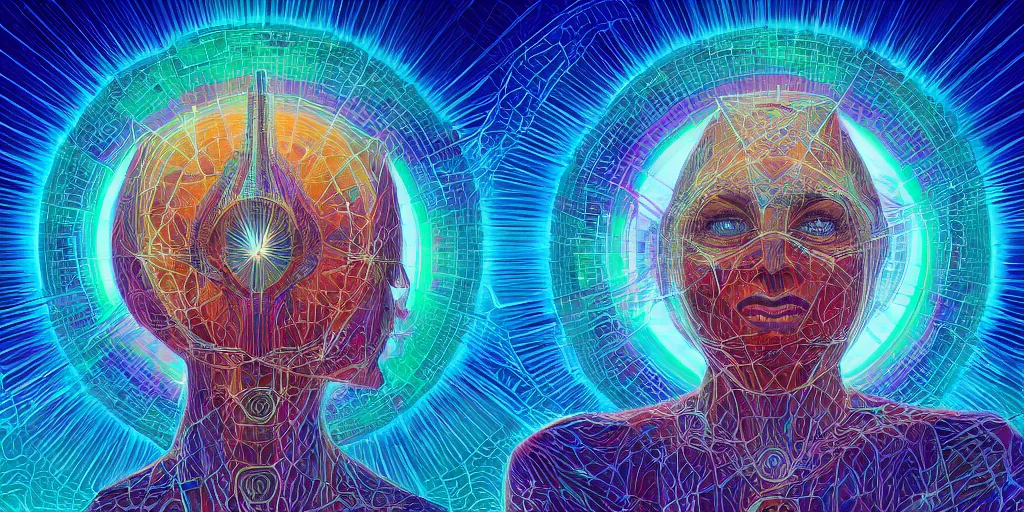 Image similar to transcendence into collaborative intelligence, endless collaboration with ai, connectedness, body, by alex grey, album cover, award winning, beautiful, colorful, volumetric lighting, trending on artstation, cinematic