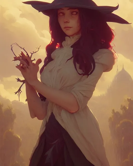 Image similar to highly detailed vfx portrait of a witch, unreal engine, greg rutkowski, loish, rhads, beeple, makoto shinkai and lois van baarle, ilya kuvshinov, rossdraws, tom bagshaw, alphonse mucha, global illumination, detailed and intricate environment