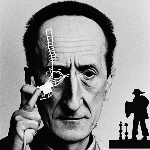 Image similar to a minimalist portrait of Marcel Duchamp holding computer cabled and chess piece in the style of Annie Leibovitz, Irving Penn, Hito Steyerl, Akira Kurosawa, Shinya Tsukamoto, wide angle, monochrome, futuristic tetsuo