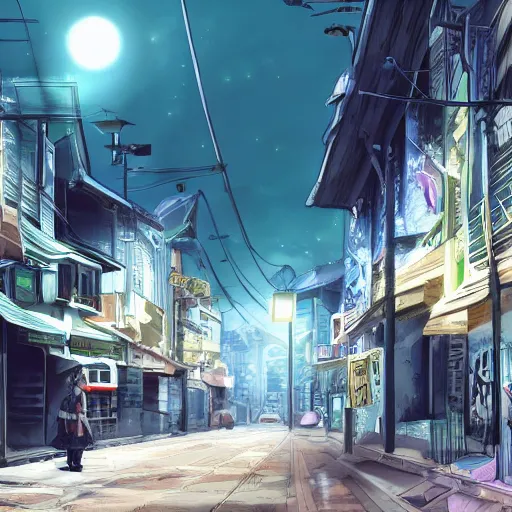 Image similar to anime tokyo residential quiet street scenery only wallpaper, nighttime moonlight scene, aesthetic, beautiful