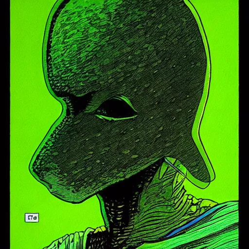 Image similar to a black figure in the green mist, colored ink, moebius illustration art, key art, portrait