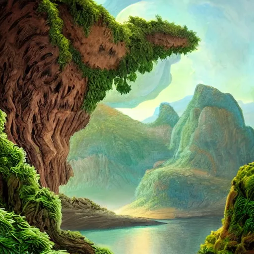 Prompt: painting of a lush natural scene on an alien planet featured on deviantart. beautiful landscape. weird vegetation. cliffs and water.