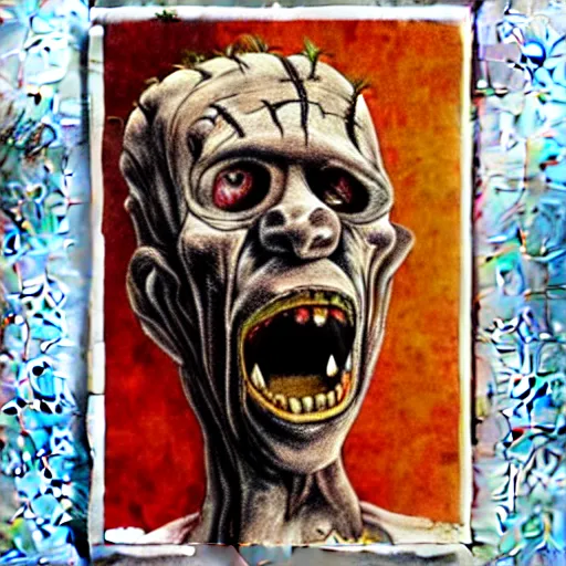 Image similar to gilbert gottfried as frankenstein monster scary horror painting metal album cover