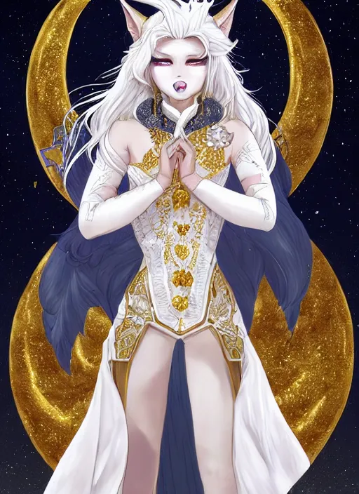 Image similar to commissioned full body portrait of a female anthro werewolf princess fursona with white hair wearing a white and gold Chinese armored dress in a white and gold palace on a starry night with a large crescent moon, by a professional manga illustrator, Stanley Artgerm Lau, WLOP, Rossdraws, James Jean, Andrei Riabovitchev, Marc Simonetti, and Sakimichan, trending on artstation