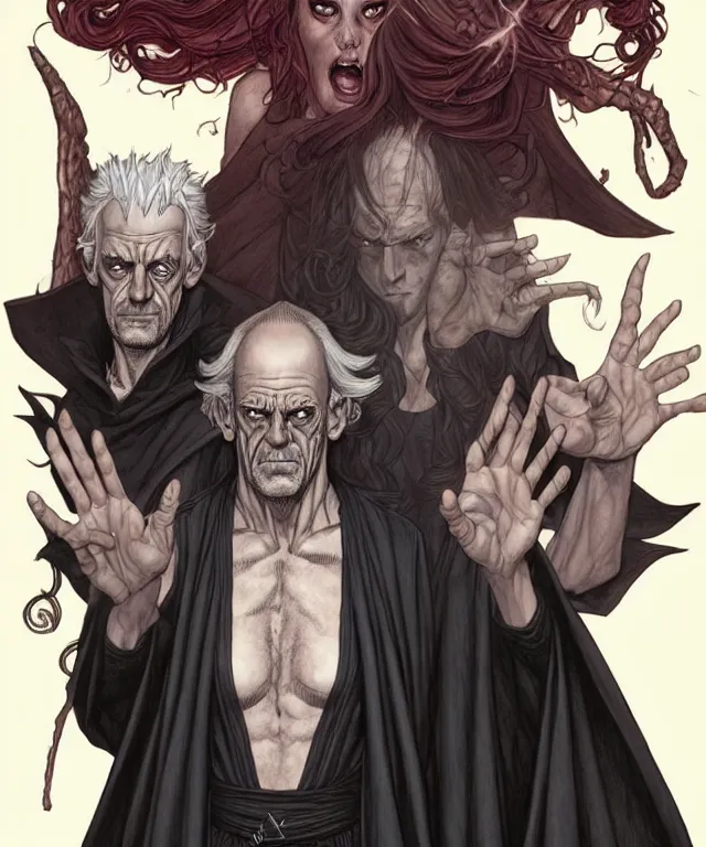 Image similar to a ( fantasy comic ) ( cover art ) portrait of an insane sorcerer who looks like ( christopher lloyd ), digital illustration by jenny frison and sana takeda and kentaro miura, fine inking lines, dnd, highly detailed!, hd, 4 k, trending on artstation