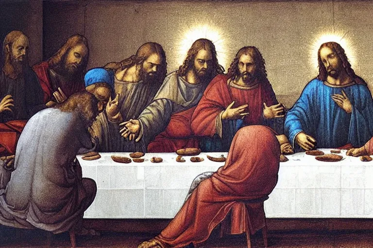 Prompt: jesus christ programming on a computer during the last supper by leonardo davinci