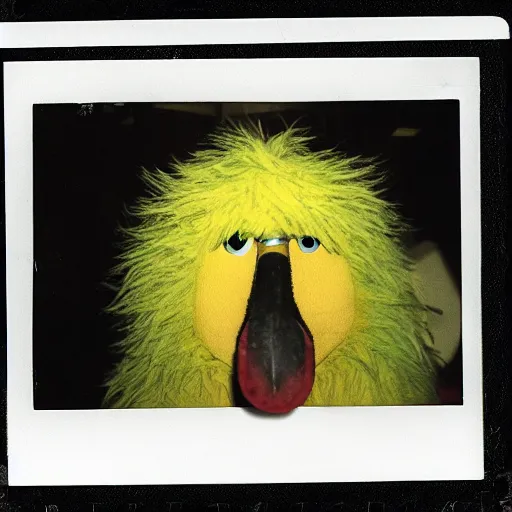 Image similar to horrifying corrupted rotten Big Bird captured on polaroid