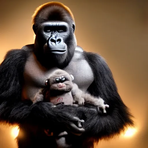 Prompt: stunning awe inspiring a gorilla holding chucky the killer doll movie still 8 k hdr atmospheric lighting