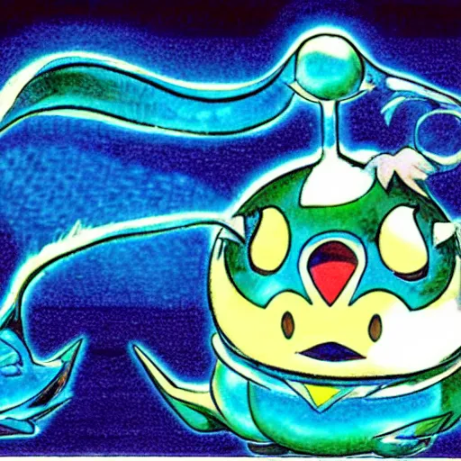 Image similar to 1999 Ken Sugimori artwork of a new water type Pokémon, official key colored line art