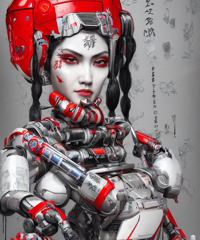 Image similar to an epic fantastic realism comic book style portrait painting of a japanese robotic geisha with kanji tattoos and decals, apex legends, octane render, intricate detail, 4 k hd, unreal engine 5, ex machina, irobot