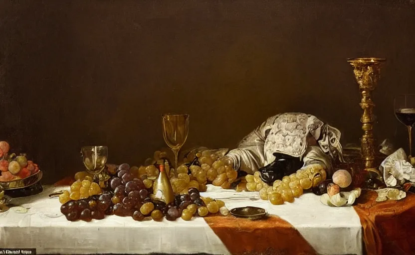 Prompt: in the style of Still life, Dutch Golden Age painting, Baroque, detailed realism, food, grapes, rustic. A dog sits like a human at the table awaiting his food