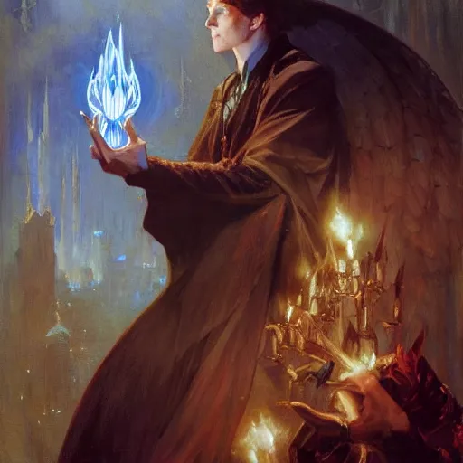 Prompt: attractive magician casts dark spell, summoning attractive lucifer morningstar. highly detailed painting by gaston bussiere, craig mullins, j. c. leyendecker 8 k